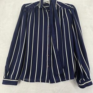 Personal Blouse Womens 12 Button Up Navy Blue White Striped Neck Tie Long Sleeve
